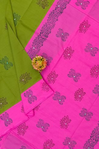 Parrot Green And Pink Printed Cotton Sarees With Mirror work
