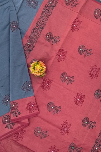 Dark Grey And Maroon Printed Cotton Sarees With Mirror work