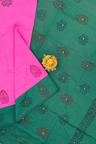 Pink And Green Printed Cotton Sarees With Mirror work
