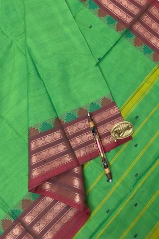 Green Kanchi Cotton Saree with Temple Design Border