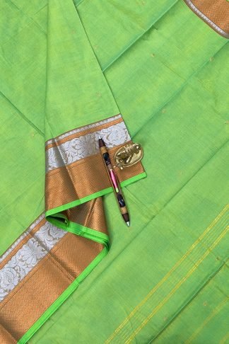 Parrot Green Kanchi Cotton Saree with Zari Border