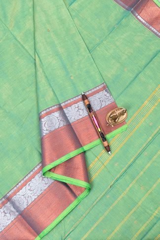 Green Kanchi Cotton Saree with Silver Zari Border