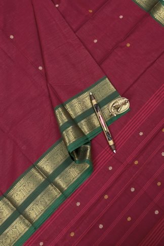 Maroon Kanchi Cotton Saree with Green Retta Patta Border