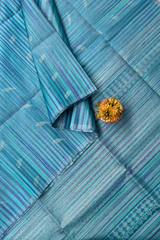Dupion Soft Silk Saree In Striped Blue Without Border