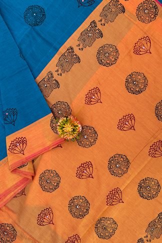 Blue And Orange Printed Cotton Sarees With Mirror work
