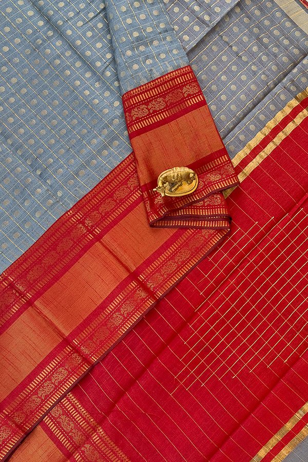 dupion saree - Grey with maroon kanchi border - checked pattern