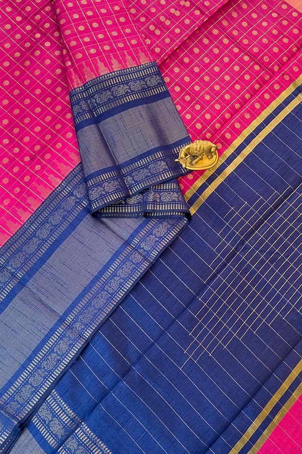 dupion saree - pink with blue kanchi border - checked pattern