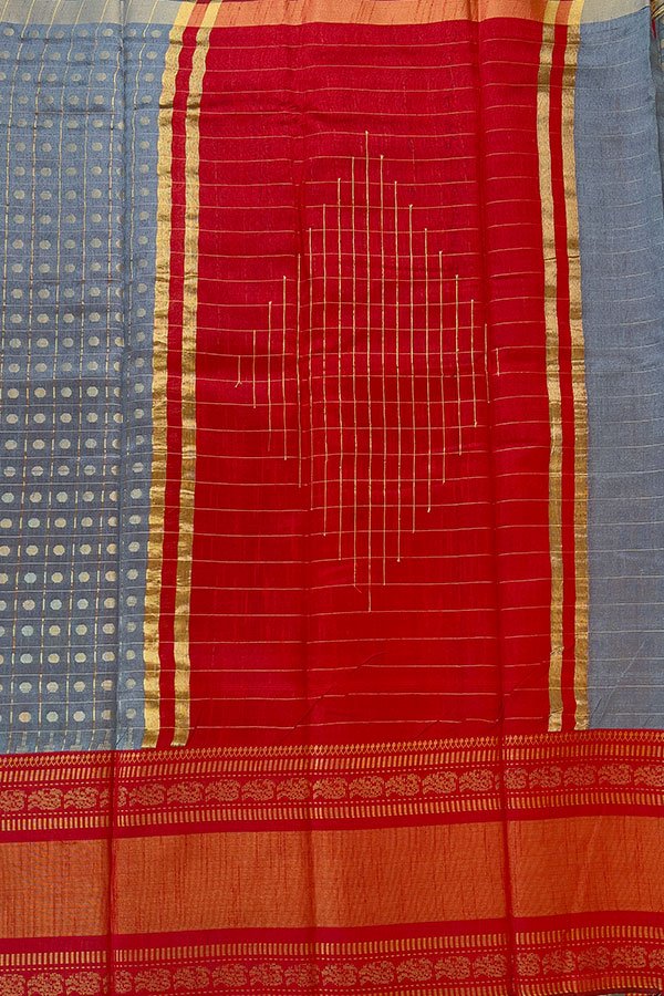 dupion saree pallu - Grey with maroon kanchi border - checked pattern