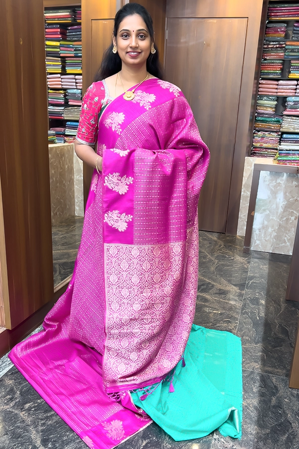 Brocade Lichi Silk in Dark Pink with Contrast Blouse