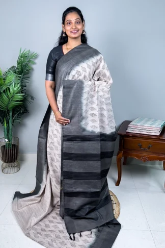 Embroidery Jute Tussar In Beige with Black Border