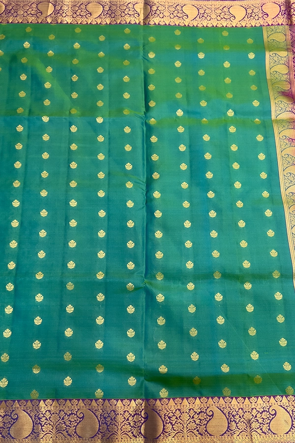 Kanchipuram Silk saree in teal and purple