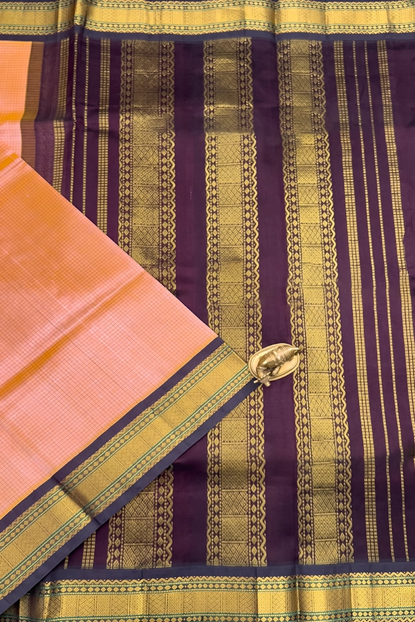 Checked Korvai Silk Cotton in peach