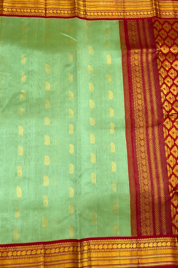Kuppadam Silk Cotton in pista green and crimson