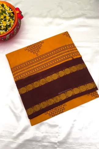Sungudi Cotton Saree in Mustard Yellow and Brown