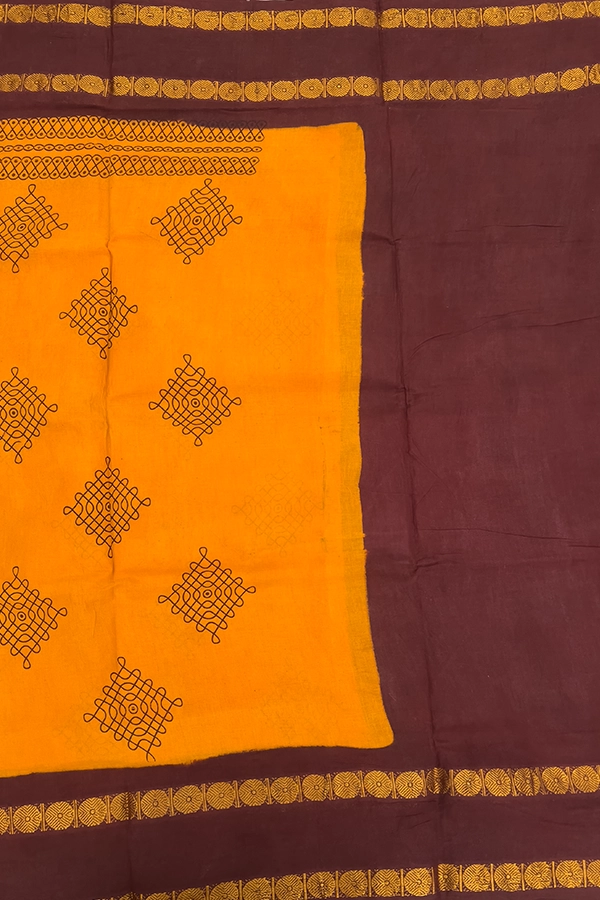 Sungudi Cotton Saree in Mustard Yellow and Brown