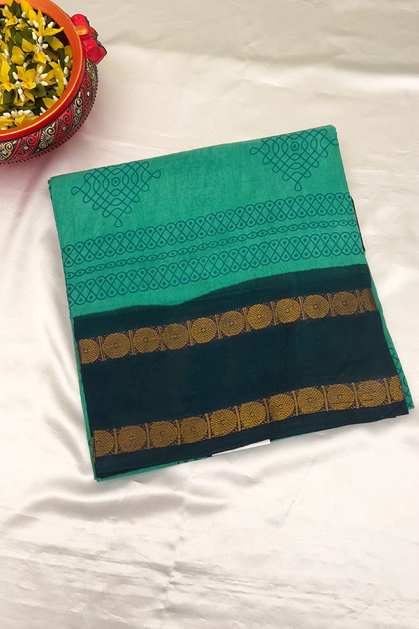 Sungudi Cotton Saree in rama green and navy blue