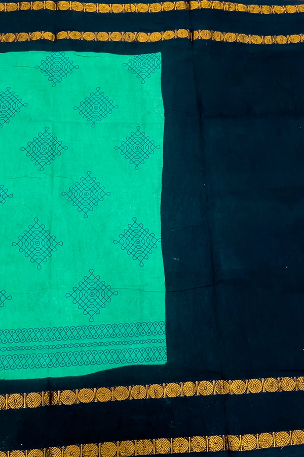 Sungudi Cotton Saree in rama green and navy blue