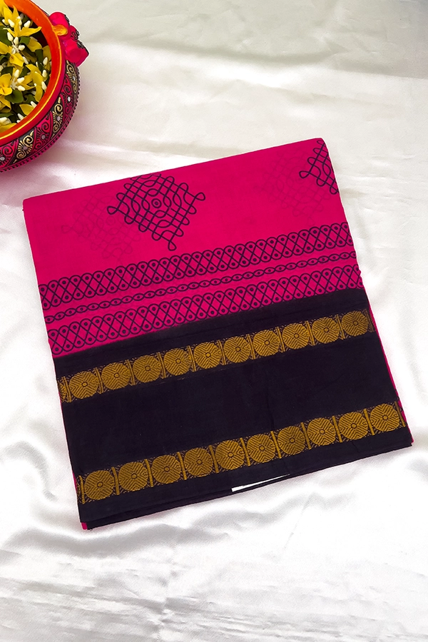Sungudi Cotton in Magenta Pink and Black