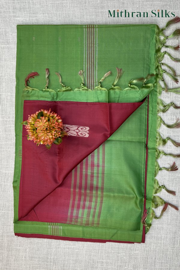 Dark maroon and Parrot green  Banana Pith Saree