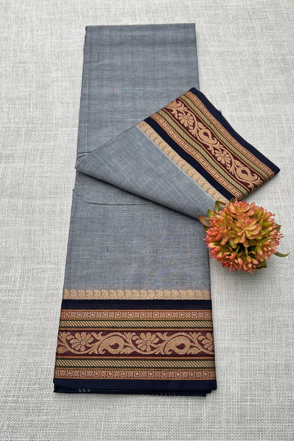 Kanchi Cotton Saree Grey And Navy Blue